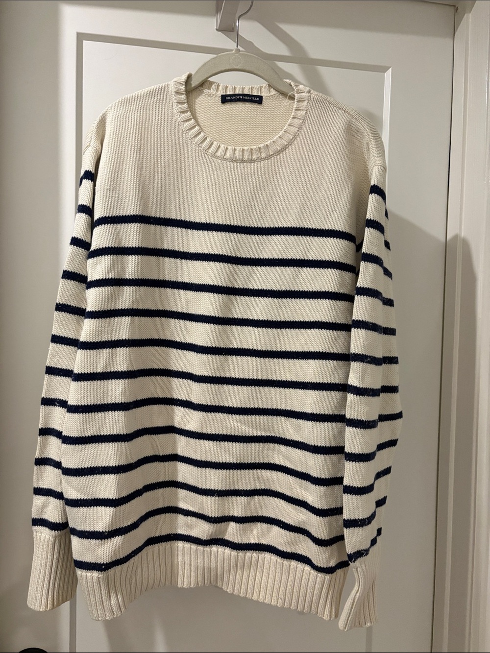 Brandy Melville Cream and Navy Striped Crewneck Sweater
